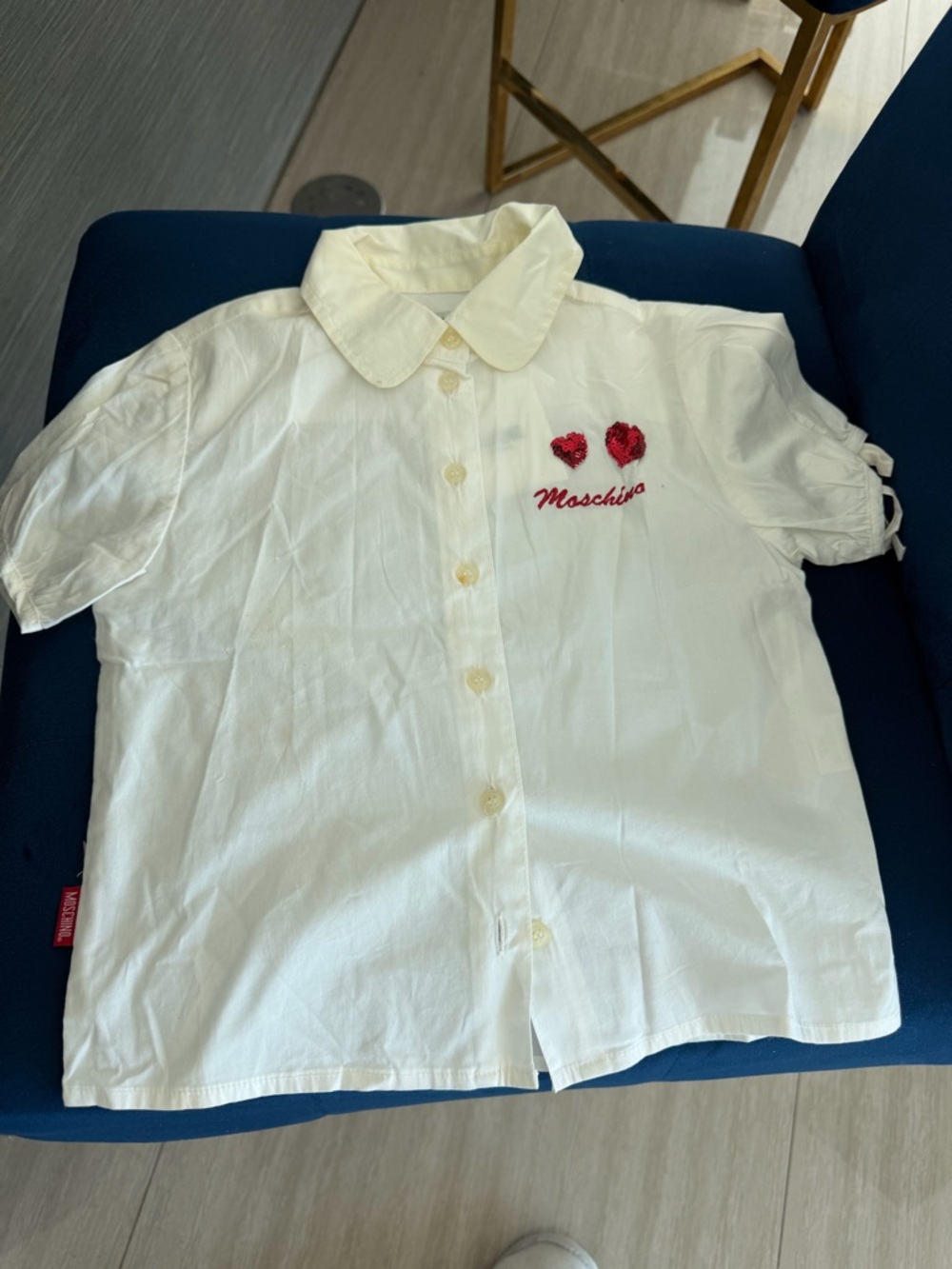 Moschino Kids White Button Shirt with Red Heart Embroidery